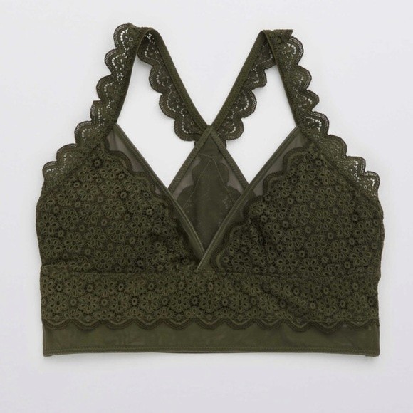 EUC Aerie Queens Lace Mesh Padded Racerback Bralette Olive Daze Medium